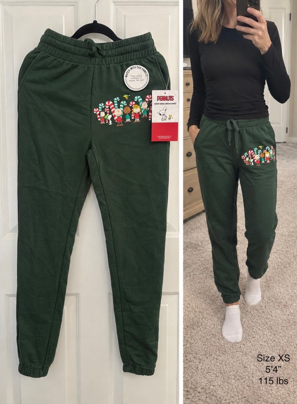 Peanuts Christmas Holiday Sweatpants Green Joggers XS NWT comfortable soft
